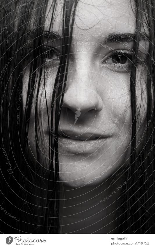 Wet Feminine Hair and hairstyles Face Water Drops of water Rain Natural Black & white photo Studio shot Close-up Portrait photograph Looking into the camera