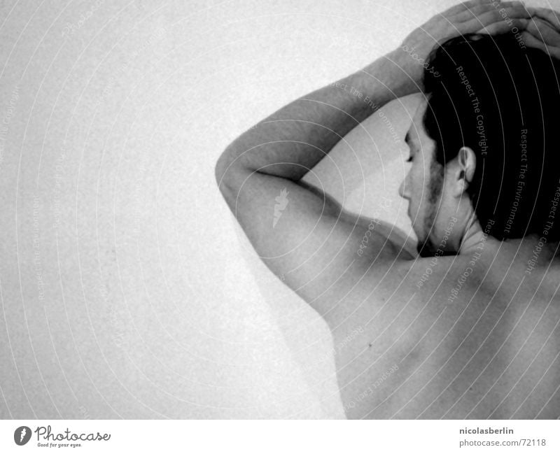 against the wall Black White Man Naked Light Posture Nude photography Back Arm Shadow Contrast Contentment Male nude Masculine Man's body