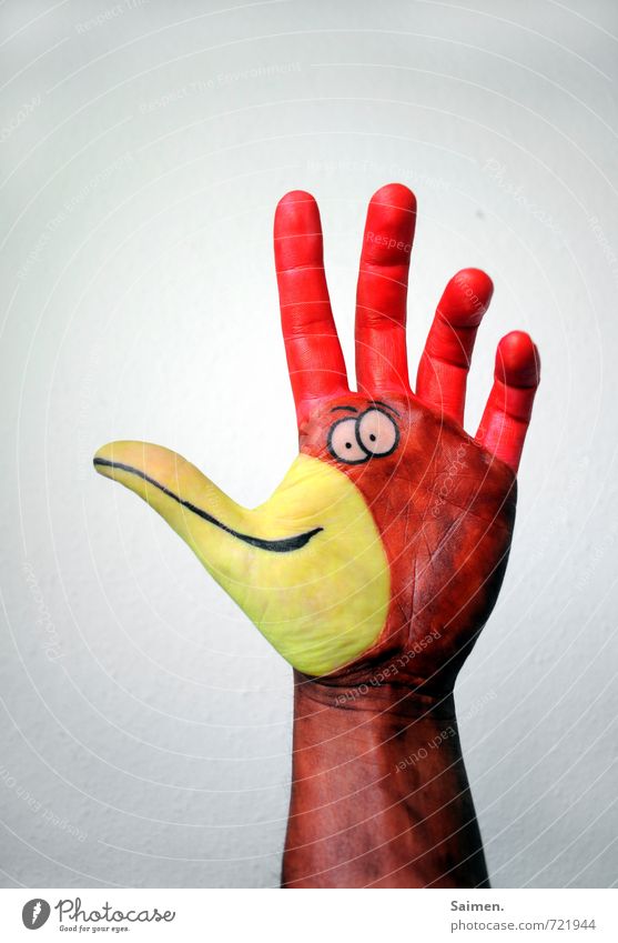Hand tap Arm Rooster Comic strip character Fingers Painted Bird Beak Funny Creativity Colour photo Interior shot Copy Space top Bird's-eye view