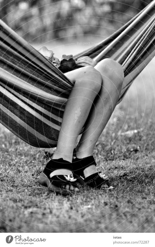 small legs Child Girl Break Relaxation Hammock Summer Leisure and hobbies Calm Footwear Stripe Meadow Joy Legs Feet Shadow Black & white photo B/W B&W Garden