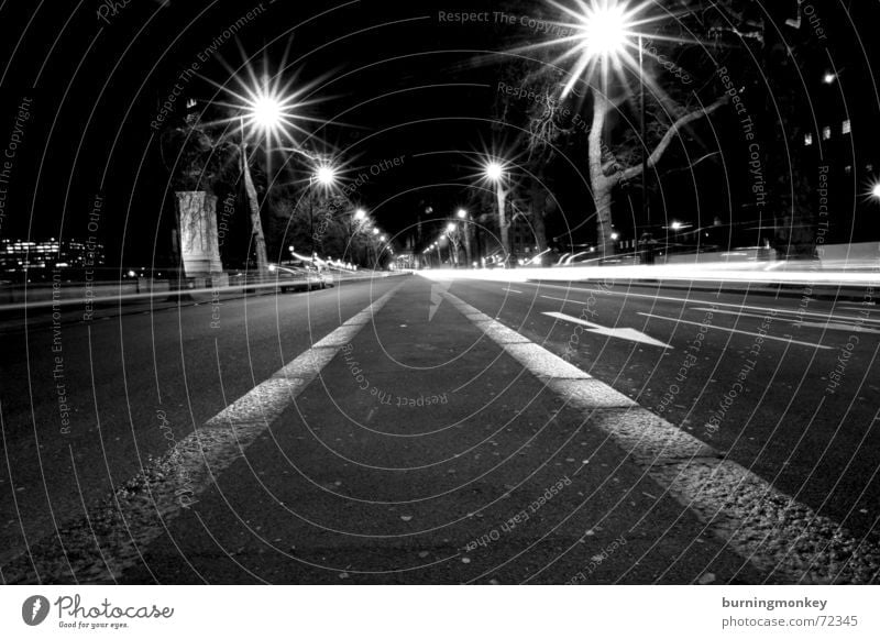 right in the middle Worm's-eye view Lantern Lamp Light Long exposure Night Driving Black & white photo Street car movement Dynamics road moving