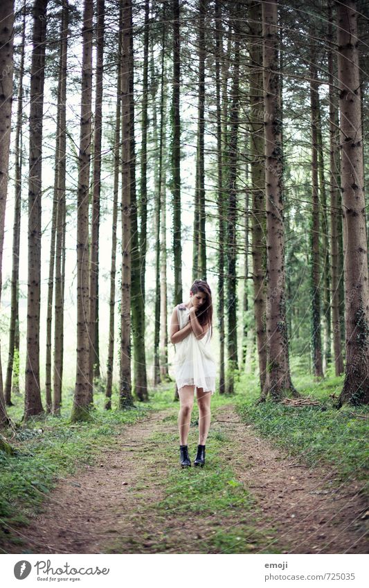 white Feminine Young woman Youth (Young adults) 1 Human being 18 - 30 years Adults Nature Forest Fashion Dress Exceptional Thin White Colour photo Exterior shot