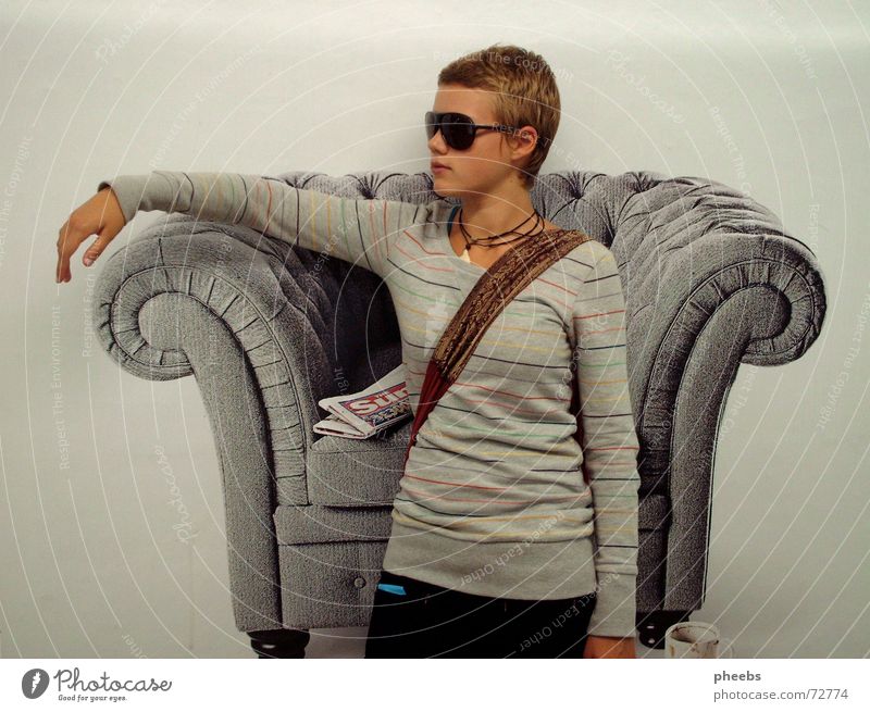 living room underground Poster Armchair Living room Woman Sunglasses Collage Background picture Underground London Underground Striped sweater Newspaper
