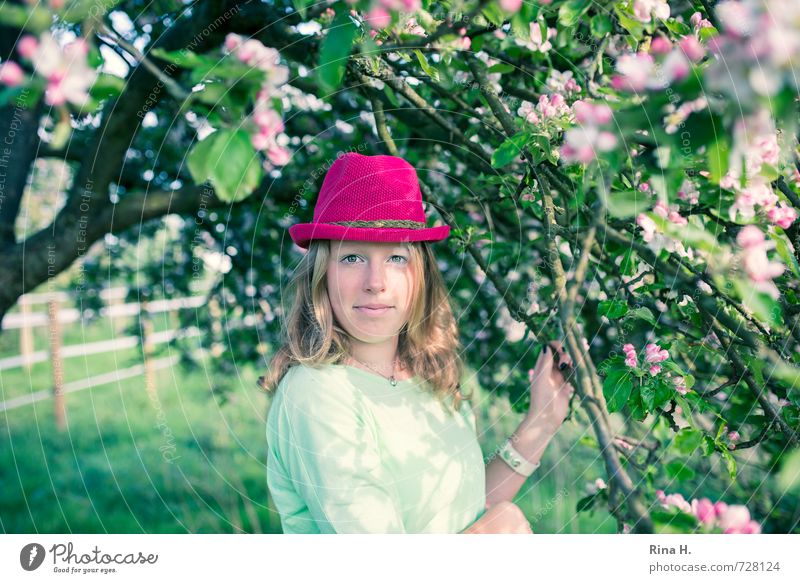 Pink II Girl Young woman Youth (Young adults) Life 1 Human being 13 - 18 years Child Spring Beautiful weather Tree T-shirt Hat Blonde Long-haired Blossoming