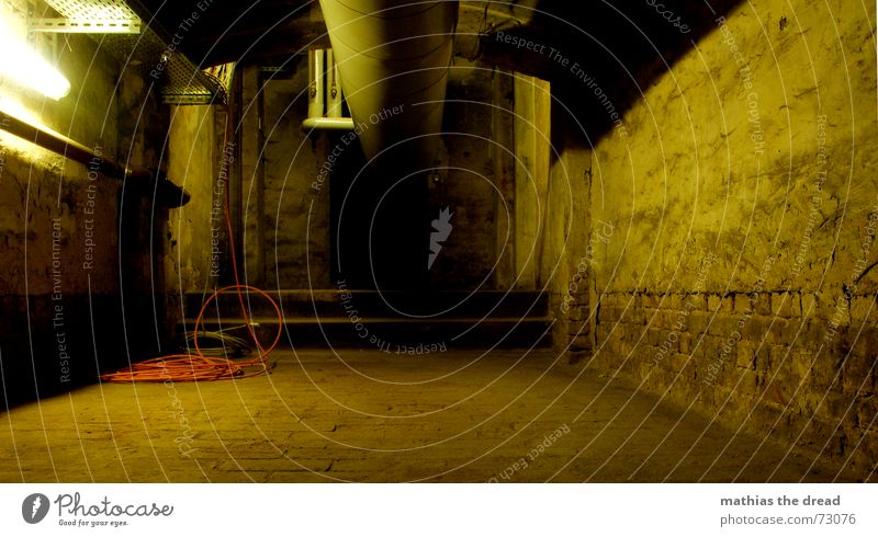 follow the pipe Cellar Wall (building) Plaster Lamp Dark Narrow Empty Loneliness Floor covering heating pipe Cable Stairs Shadow Pipe Cellar stairs Corridor
