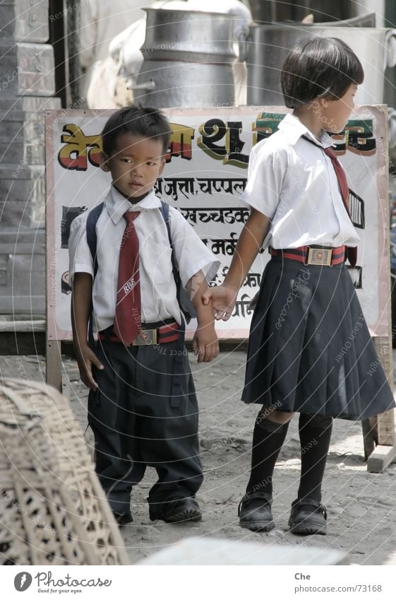 Coolness and his sister Nepal Child Brothers and sisters Sister Uniform Clothing Shirt Friendship Testing & Control Easygoing Timidity Sweet Foreign Style