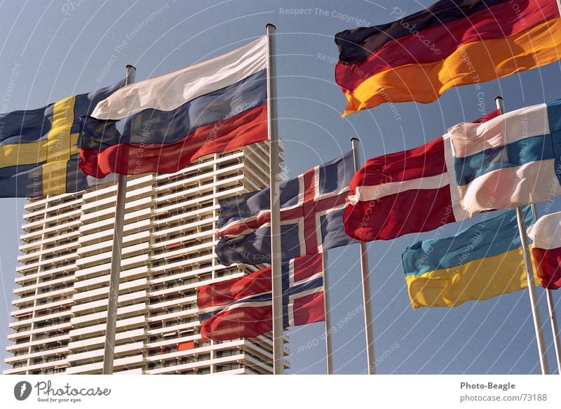 Flag in the wind V Flagpole Scandinavia Northern Europe Eastern Europe Norway Finland Ukraine Beautiful weather Denmark Sky Congress center Administration