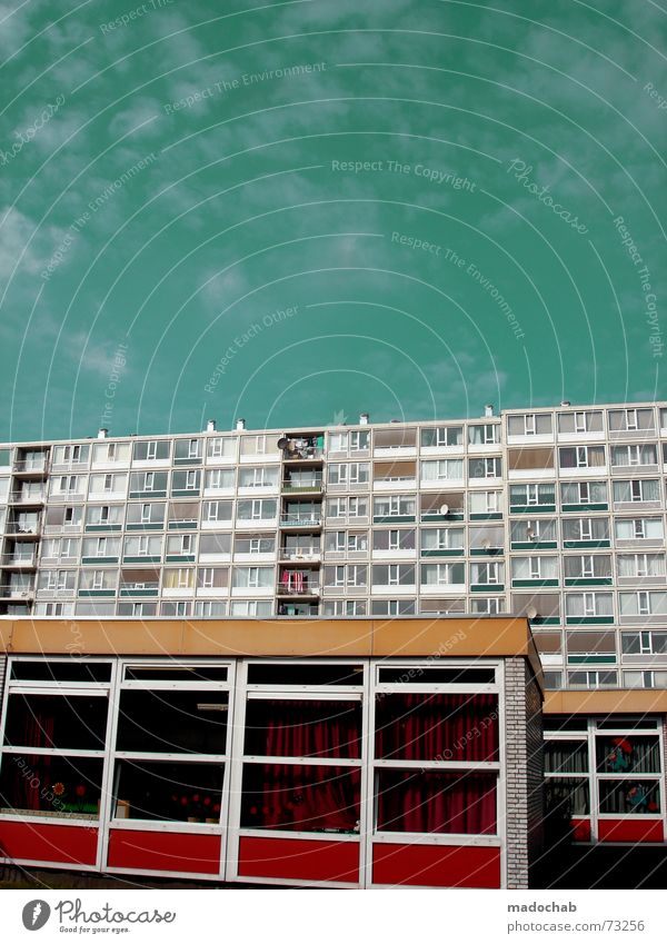 DUTCH URBANISM House (Residential Structure) High-rise 2 Window Deities Sky Red Brown Lure of the big city Block Ghetto Together Relationship Concrete Situation