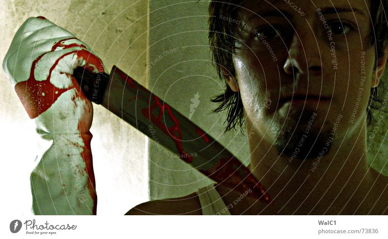 Acrylic paint on knife Portrait photograph Man Facial hair Assassin Gloves Perpetrator teeanger Face Knives Murder Blood Death