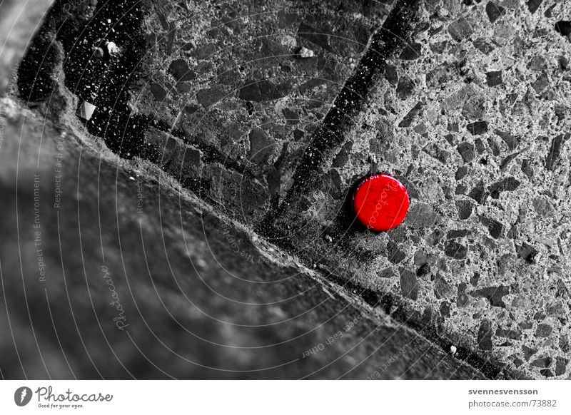 red dot Crown cork Sidewalk Red Black & white photo Stone Gully steep