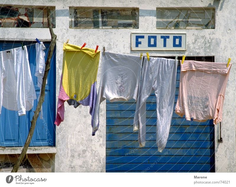 photo Beaded Exemplary Pastel tone Cleansed Laundry Photography South Italy Vacation & Travel Summer Clothesline Snapshot Household Clothing lace up neat Blue