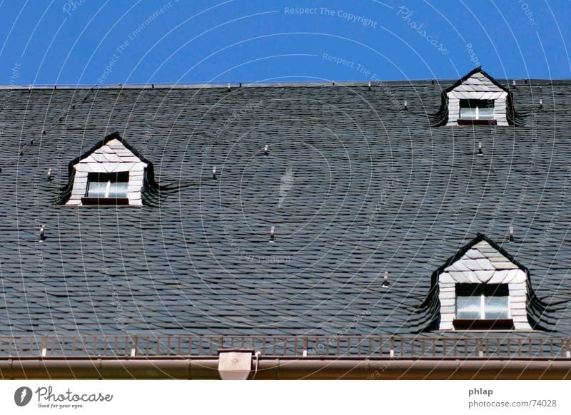 Window to top Roof Nave Dormer Brick Roofing tile Black White Horizontal 3 Sky Blue Above Tilt