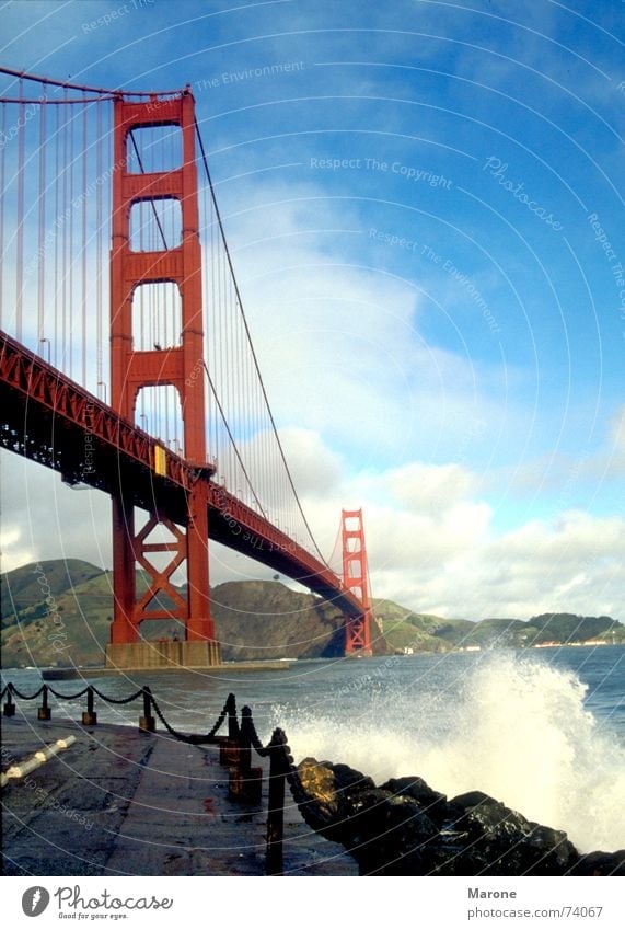Golden Gate Strait Golden Gate Bridge Waves Ocean Gale Surf Vertical San Francisco Americas USA Sky Blue Water Vacation & Travel strong wind