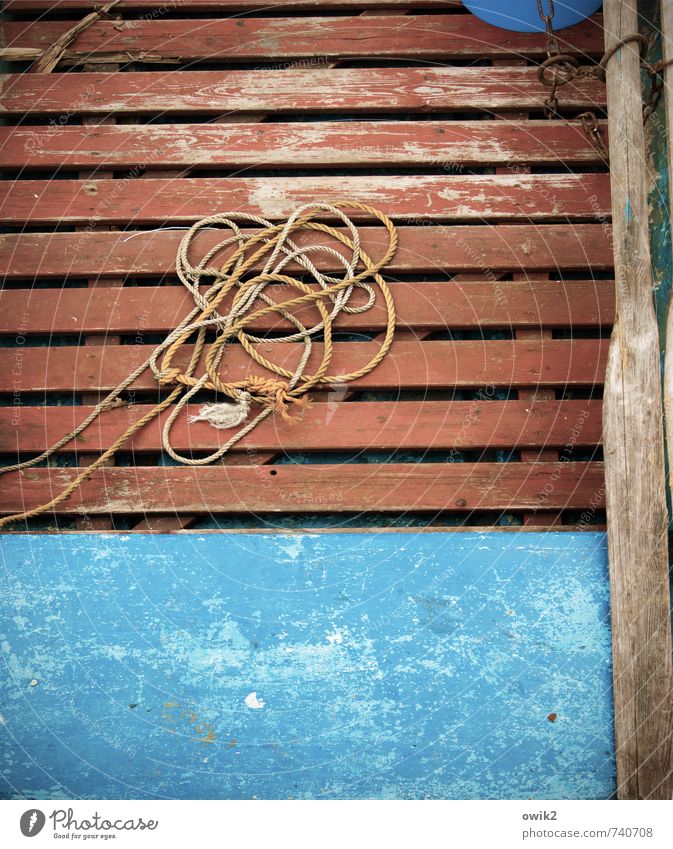 When all the ropes break Rowboat Wood Lie Old Maritime Gloomy Under Blue Brown Orange Turquoise Serene Patient Calm Auburn russet Rope Oar Plank Stationary Knot