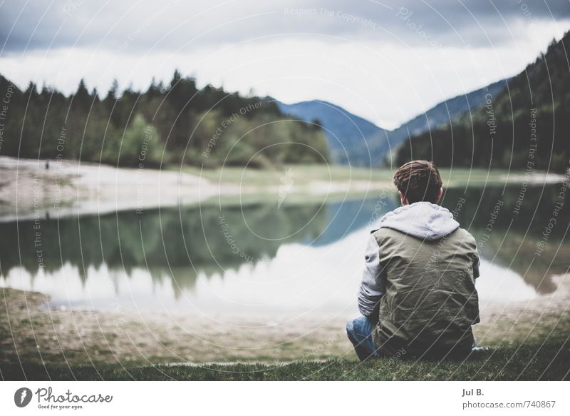Chill out at the lake Human being Masculine Young man Youth (Young adults) Head Environment Nature Landscape Air Water Sky Clouds Tree Grass Authentic Bavaria