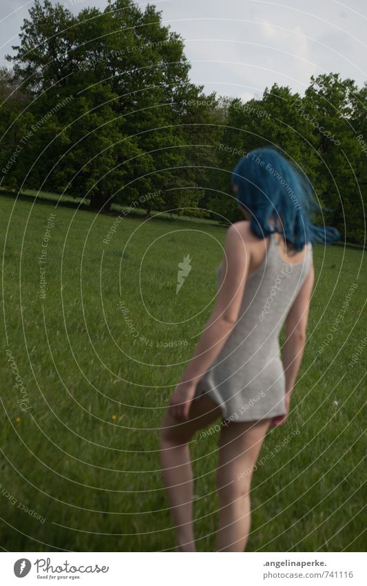 Young woman from behind with blue hair walking on meadow with trees in background Summer Girl Tree Meadow Movement blurriness