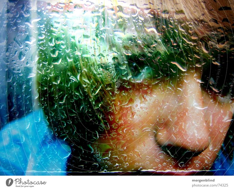 rain drinker Woman Moody Emotions Rain Window Green Face Snapshot