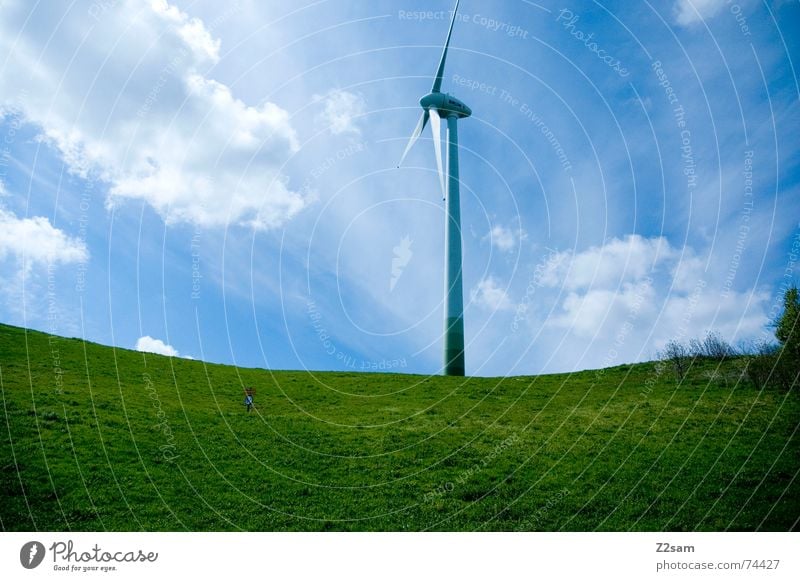 highest point Meadow Green Summer Clouds Tall Blue Sky Wind energy plant Power Nature landscape Mountain