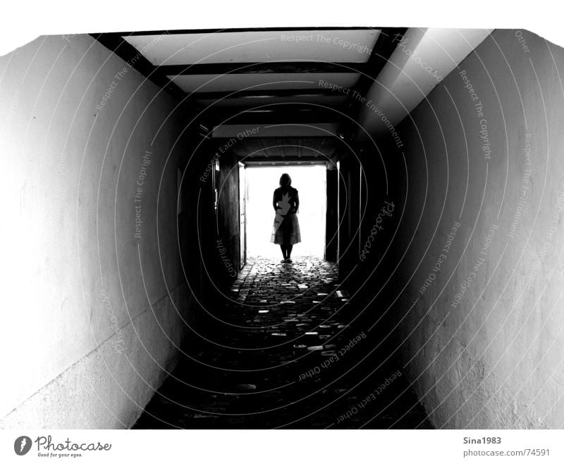 light at the end of the tunnel Tunnel Deep Dark Alley Feminine Woman Light Wood Wall (building) Black White Loneliness Think Exterior shot Bright Human being