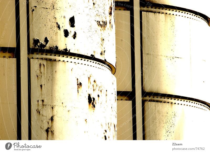 silo Silo Keg Industrial Photography White Broken Yellow Pattern Abstract Style 2 Side by side Attic Rust Trashy Structures and shapes Sun