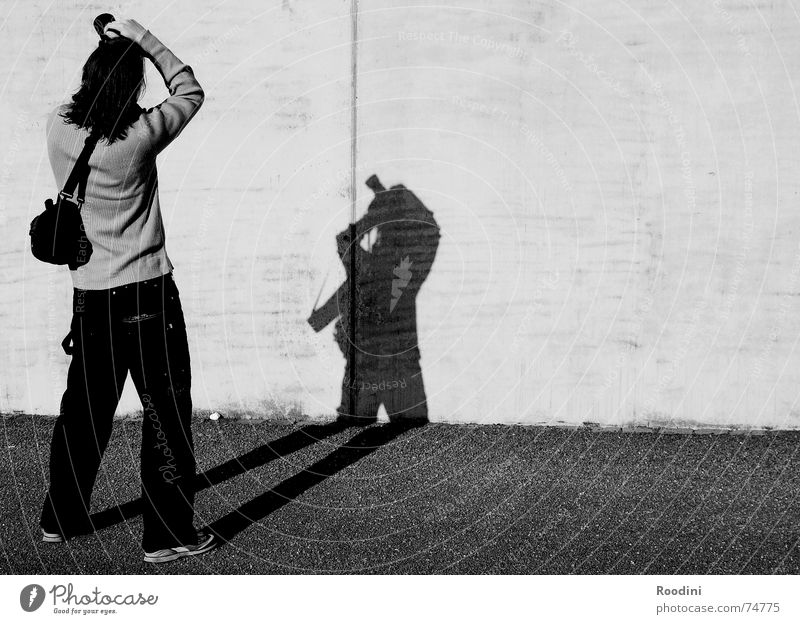 Photoistic Photographer Wall (barrier) Photography Bag Tourist Take a photo Japanese Posture Stand Looking Autumn Shadow Contrast Sun Silhouette galle77