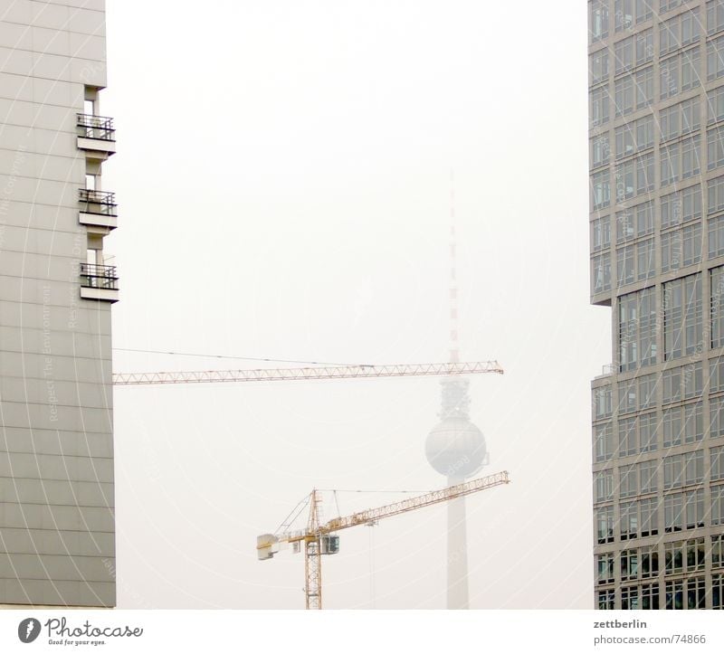 television tower Crane High-rise Facade Construction site Autumn Fog Berlin TV Tower telespargel alex Middle text module