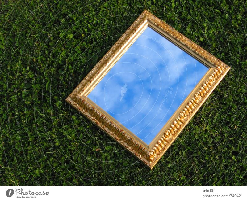 mirror image Mirror Meadow Clouds Grass Green Reflection Rectangle Sky Gold Frame Lie Partially visible