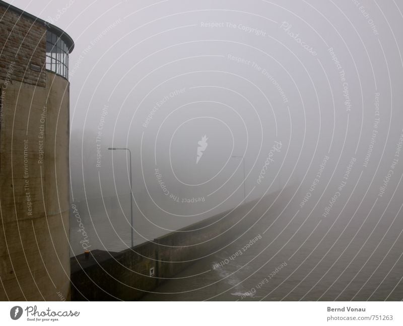 foggy and cloudy Harbour Wall (barrier) Wall (building) Window Roof Navigation Inland navigation Gloomy Brown Gray Moody Fog Lantern Lamp post Water River