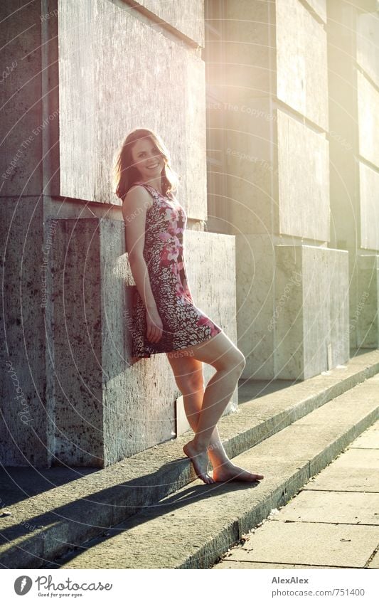 Backlit Bavarian! Trip Sightseeing Young woman Youth (Young adults) Body Legs Feet 18 - 30 years Adults Facade Dress Barefoot Brunette Long-haired Smiling