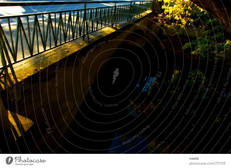 | Transition. Braunschweig Autumn Afternoon Patch of light Leaf Bridge Water River Sun Handrail Across Shadow