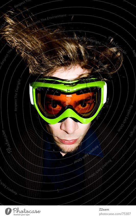 The Mask II Switch off Go crazy Crazy Style Portrait photograph Skiing goggles Man Facial expression Stand Muddled Chic snow Men Face Hair and hairstyles
