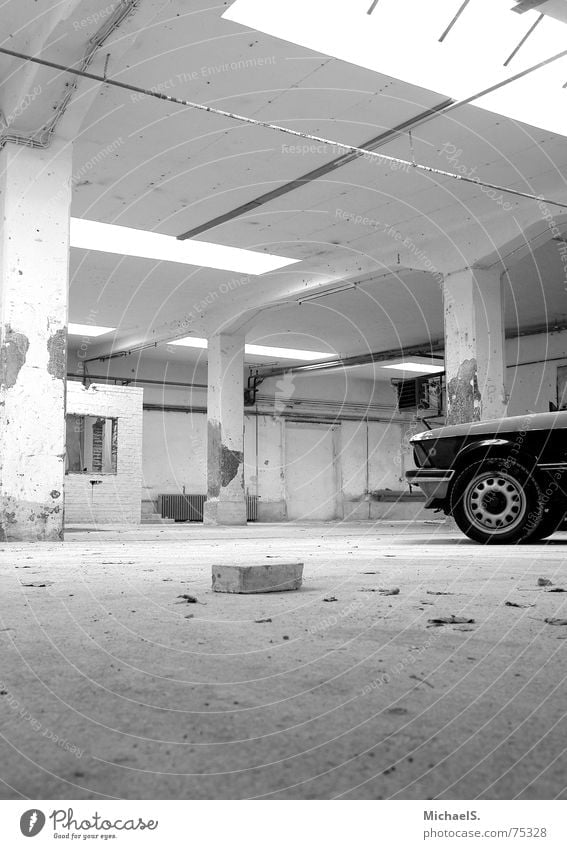 deep insight Vintage car Youngtimer Brick Factory Empty Broken bmw Black & white photo Warehouse Old Car