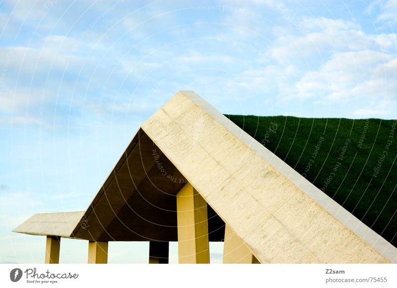 ups and downs Sky Clouds Manmade structures Meadow Green Abstract Grass architecture blue Construction site geometry Pole Perspective