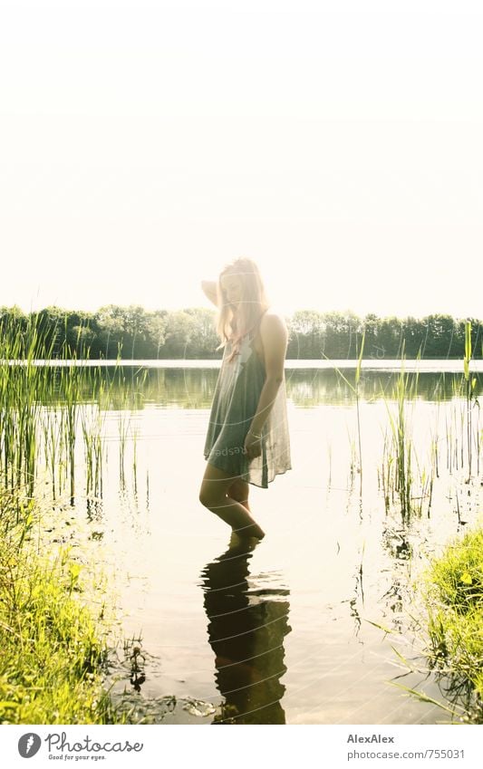 shining light Trip Freedom Young woman Youth (Young adults) Body 18 - 30 years Adults Beautiful weather Grass Lake Dress Blonde Long-haired Stand Dream Esthetic