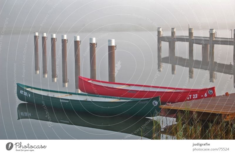 Two boats Fischland-Darss-Zingst Lake Prerow Mooring post Watercraft Morning Fog Footbridge Drop anchor Red Green Wood Reflection Calm Loneliness 2