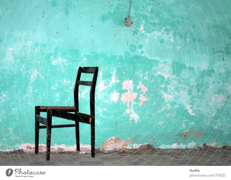 seating Broken Wall (building) Wall (barrier) Decline Socket Green Turquoise Room Cold Empty Loneliness Forget Comfortless Chair Old Sit