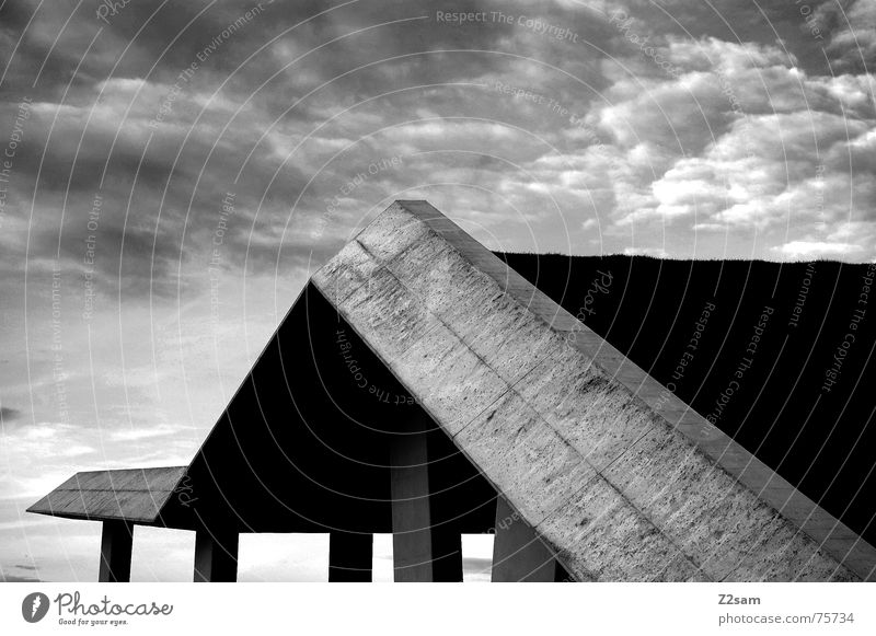 Up and down sw Sky Clouds Manmade structures Meadow Green Abstract Grass architecture blue Construction site geometry Pole Perspective Black & white photo