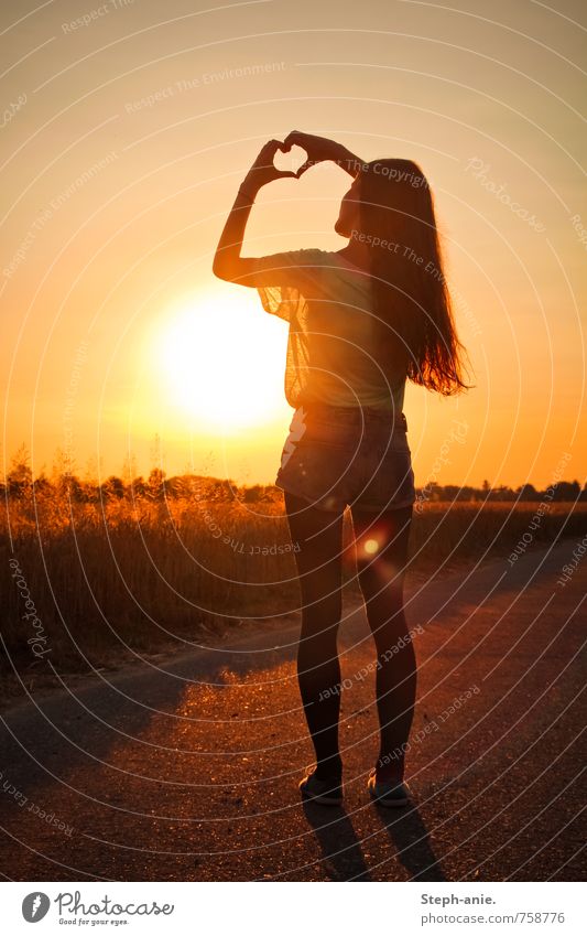 heart Feminine Young woman Youth (Young adults) Woman Adults 1 Human being Sky Cloudless sky Sun Sunrise Sunset Summer Beautiful weather Field Long-haired Sign