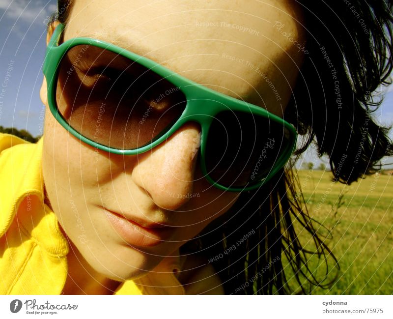 View to the sun Sunglasses Summer Sunbeam Light Pleasant Portrait photograph Woman Illuminate Warmth Wind Hair and hairstyles Blow Landscape Face Human being