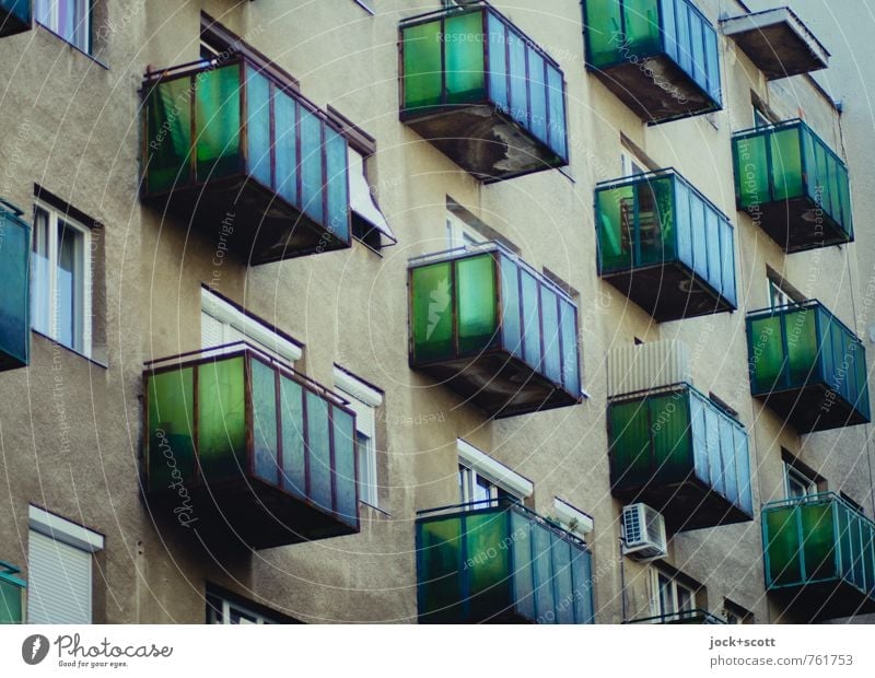 Facade green Architecture Town house (City: Block of flats) Building Balcony Air conditioning Sharp-edged Original Retro Many Brown Green Agreed Authentic Style