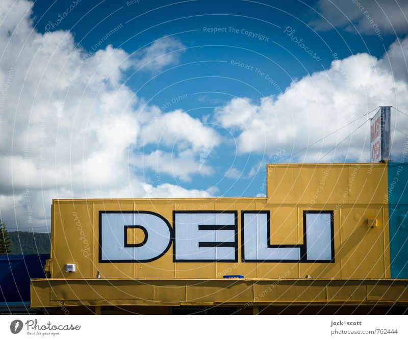 Delicatessen Shop Nutrition Delicacy Trade Sky Clouds Beautiful weather Store premises Advertising Canopy Word Authentic Exotic Original Yellow Hospitality