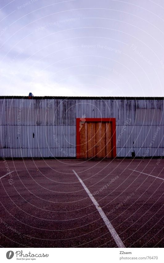 in there White Garage Building Wood Tin Factory Parking lot Industrial Photography Red Physics Sky Line Door Gate Lanes & trails industrial Colour Orange Warmth