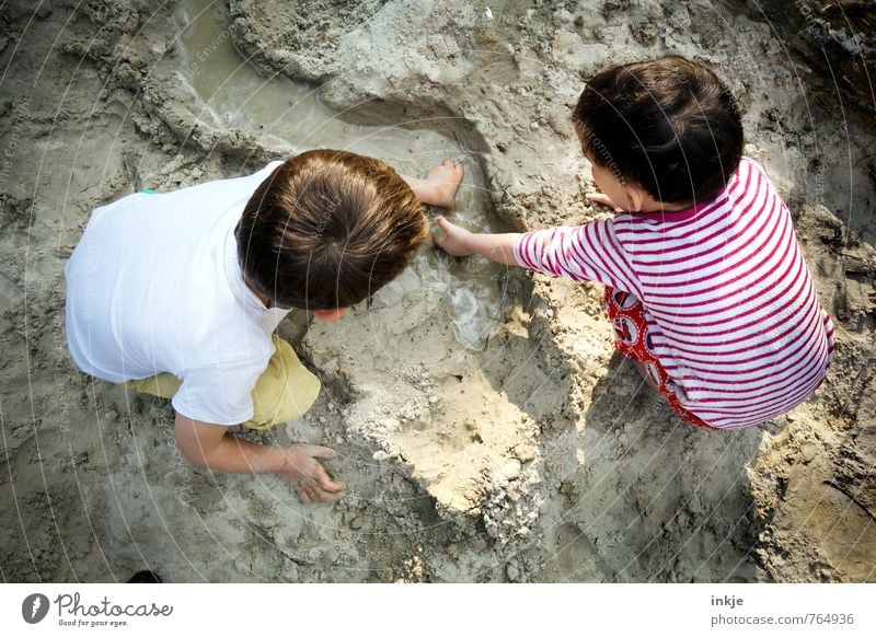Two children playing in the sand Leisure and hobbies Playing Children's game Vacation & Travel Summer vacation Beach Parenting Kindergarten Girl Boy (child)