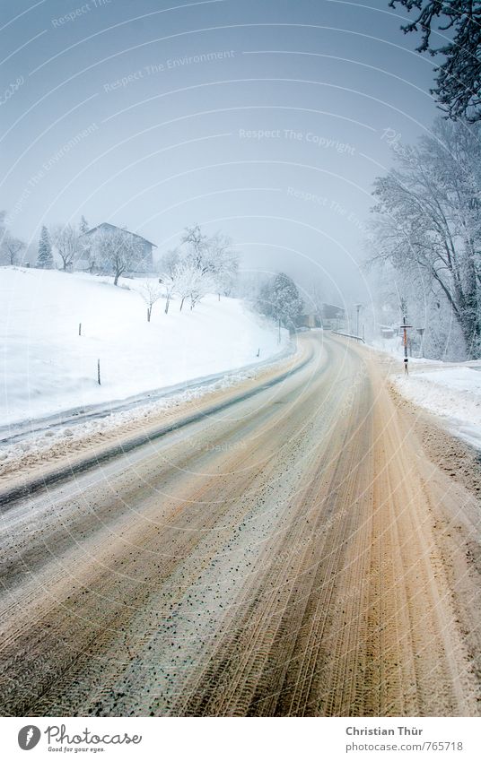 winter road Cloudless sky Winter Bad weather Snow Snowfall Small Town Deserted Road traffic Motoring Street Vacation & Travel Blue Brown Gray White Dangerous