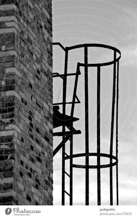 ascent Brick Wall (barrier) Clouds Round Black White Gray Derelict Detail Black & white photo Chimney Ladder Sky Tall Above Metal Protection Line