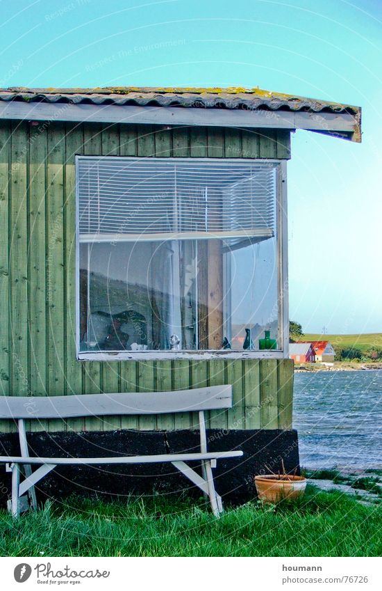 Close to the sea Fjord Black Window Vacation home Green Summer summer house wood house wooden house bench water Blue