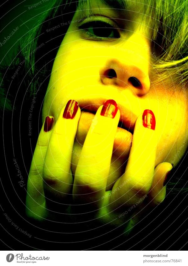 little vamp <3 Green Red Yellow Woman Emotions Fingernail Moody Light and shadow Blood Face Eyes Snapshot