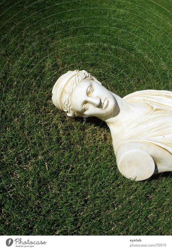 Püppi without arms Deities Green Meadow Grass White Bust Statue Lawn Marble Sculpture Neutral Background Copy Space top Copy Space bottom Historic