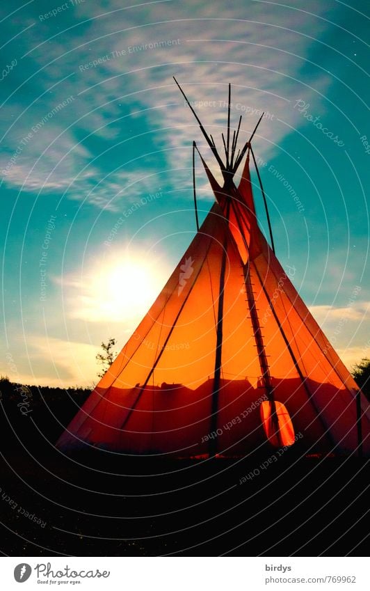Indian Time Adventure Summer Nature Sky Clouds Full  moon Beautiful weather Tee Pee Tent Illuminate Esthetic Exceptional Exotic Free Positive Warmth Wild Orange