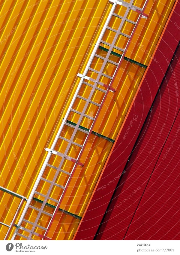 there flies me nevertheless ... Yellow Red Tin Facade Fire ladder Diagonal Structures and shapes Mask Industrial Photography Storage Warehouse Ladder Crazy